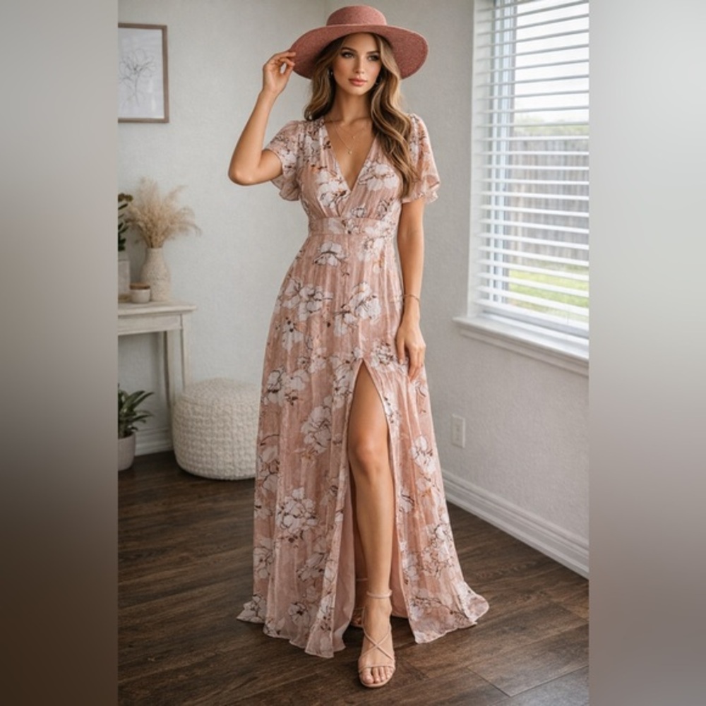 Anthropologie 4SI3NNA Blush Floral V-Neck Maxi Dress with Front Slit Size M D20